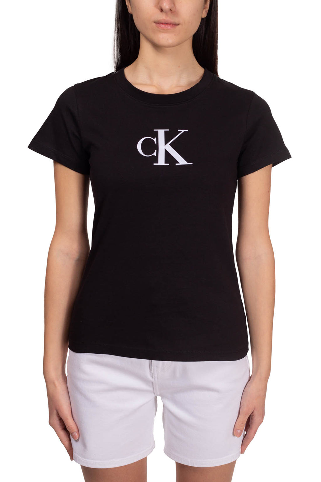 CALVIN KLEIN JEANS - T-shirt donna slim con logo in raso  - Taglia S-1