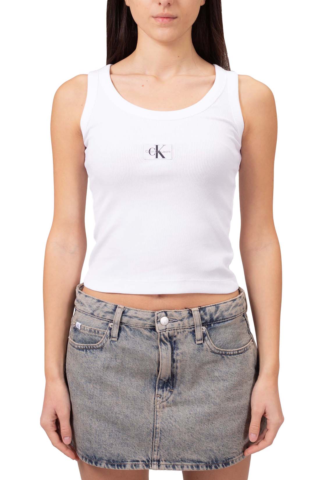 CALVIN KLEIN JEANS - Canotta donna a costine con patch logo  - Taglia XL-1