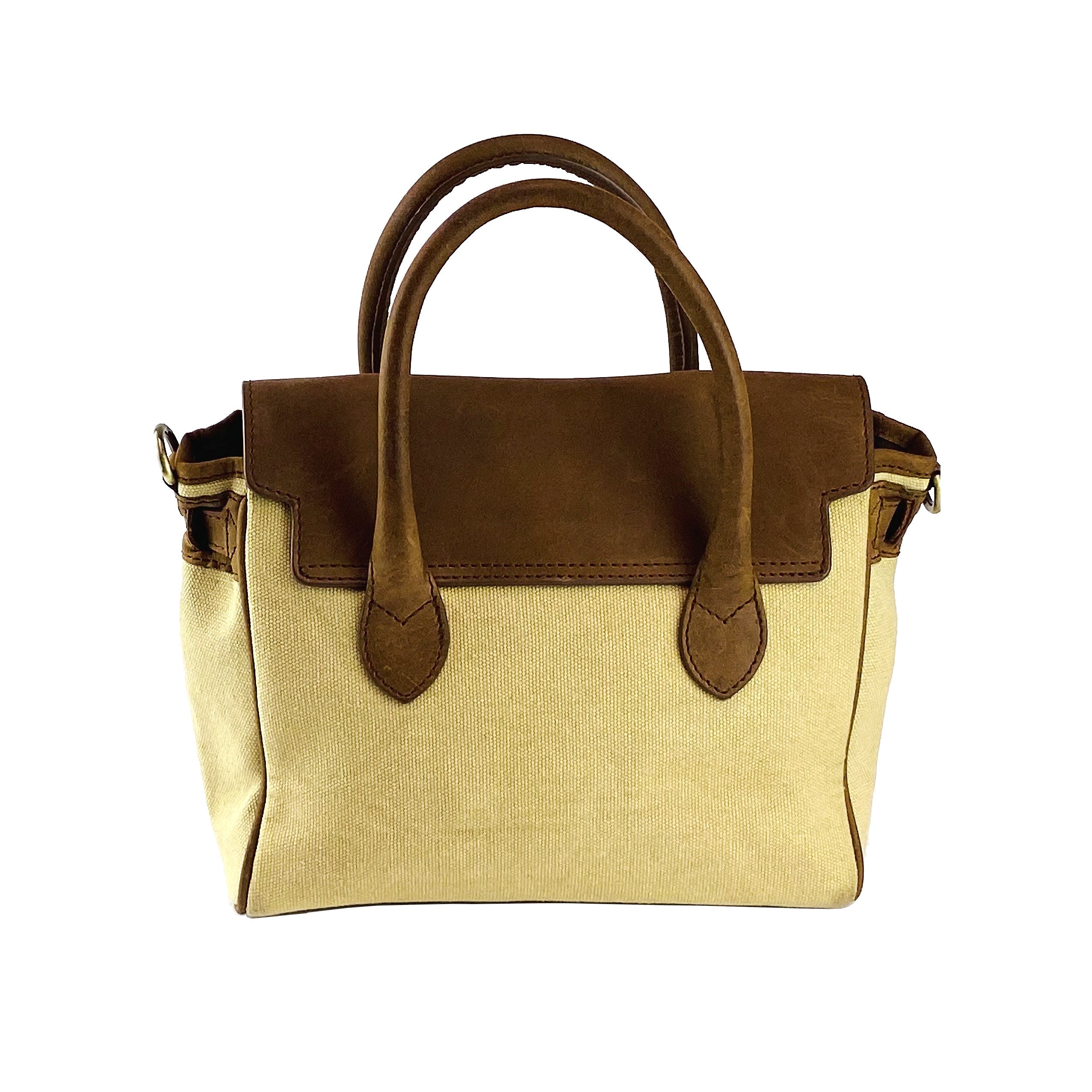 K0042ALCB | Canvas/Vera Leather Mini Hand Bag Made in Italy. Removable shoulder strap. Antique Brass metal snap hook attachments - Rope color - Dimensions: 24 x 20 x 12 cm.