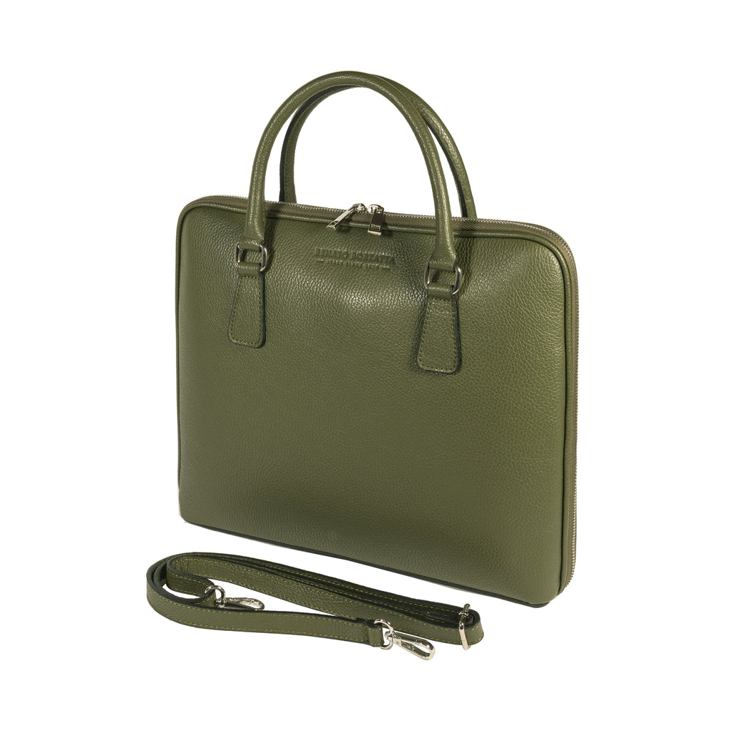 RB1019E | Cartella Business Unisex in Vera Pelle Made in Italy con tracolla removibile. Attacchi con moschettoni in metallo Nickel Lucido - Colore Verde - Dimensioni: cm 37 x 29 x 6,5-0
