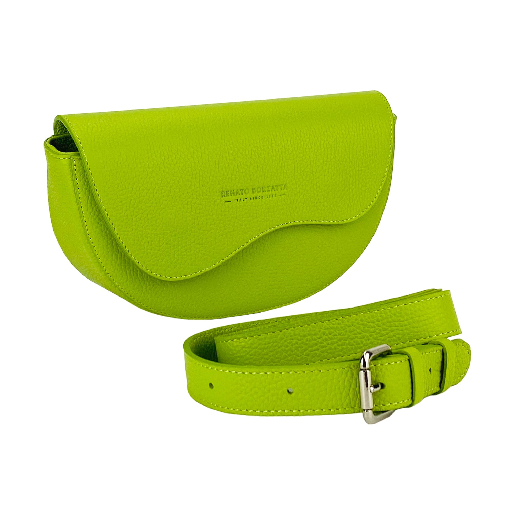 RB1027AD | Women's Rounded Bandolier Bag in Genuine Leather Made in Italy. Removable and adjustable leather shoulder strap. Polished Nickel hardware - Lime color - Dimensions: 25 x 15 x 9 cm.