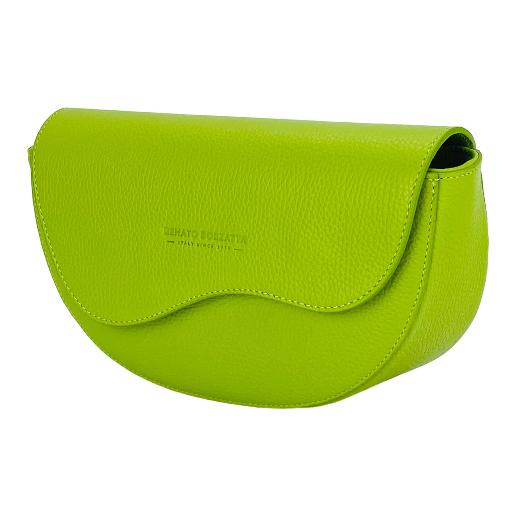 RB1027AD | Women's Rounded Bandolier Bag in Genuine Leather Made in Italy. Removable and adjustable leather shoulder strap. Polished Nickel hardware - Lime color - Dimensions: 25 x 15 x 9 cm.