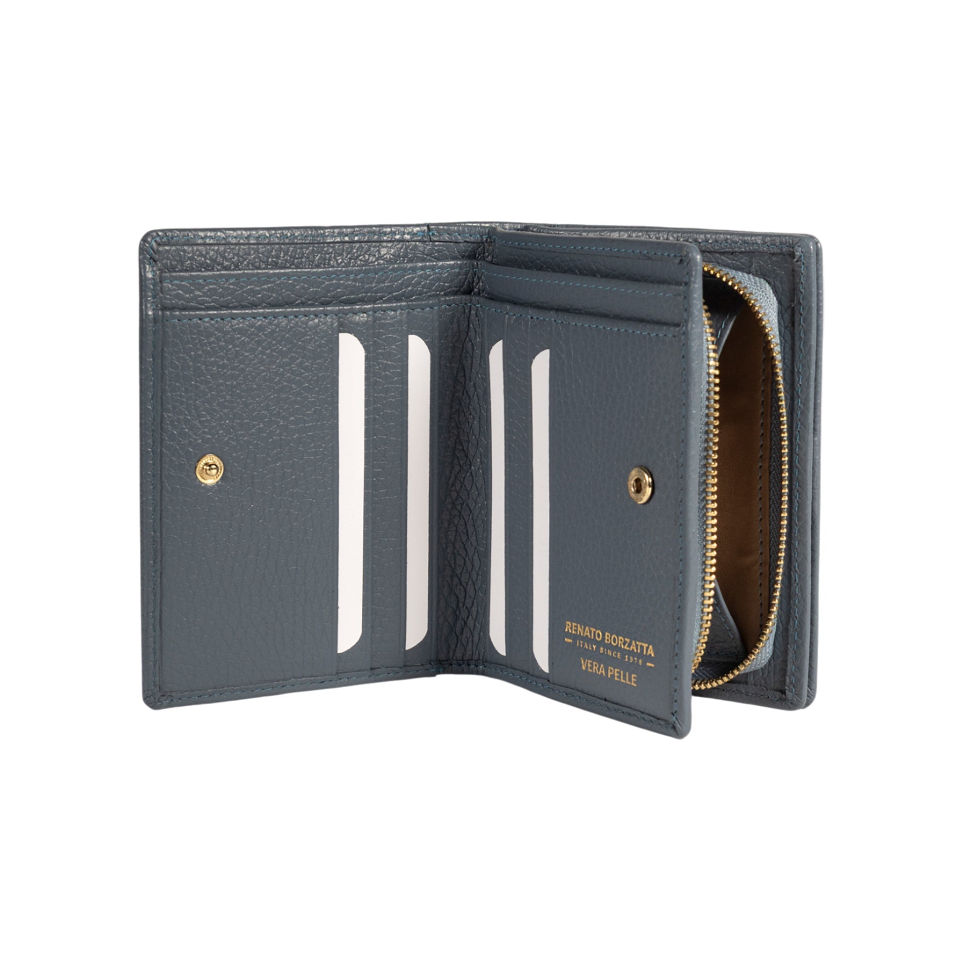 RB1080GP | Portafogli Donna Made in Italy in Vera Pelle grana Dollaro. Colore Avio. Dimensioni (da chiuso): cm 13 x 9 x 2,5