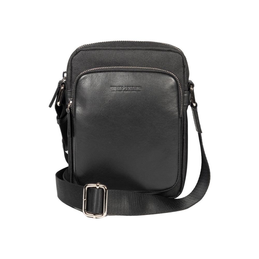 RB2002A | Nylon/Vera Leather Shoulder Bag, with light grain. Zipper closure and adjustable shoulder strap - Black color - Size: 15.5 x 21 x 7 cm. Packaging: Non-Woven Fabric Bag